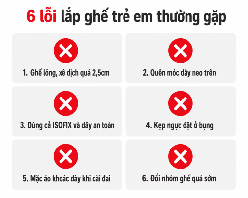 Sáu lỗi lắp ghế trẻ em trên ô tô thường gặp